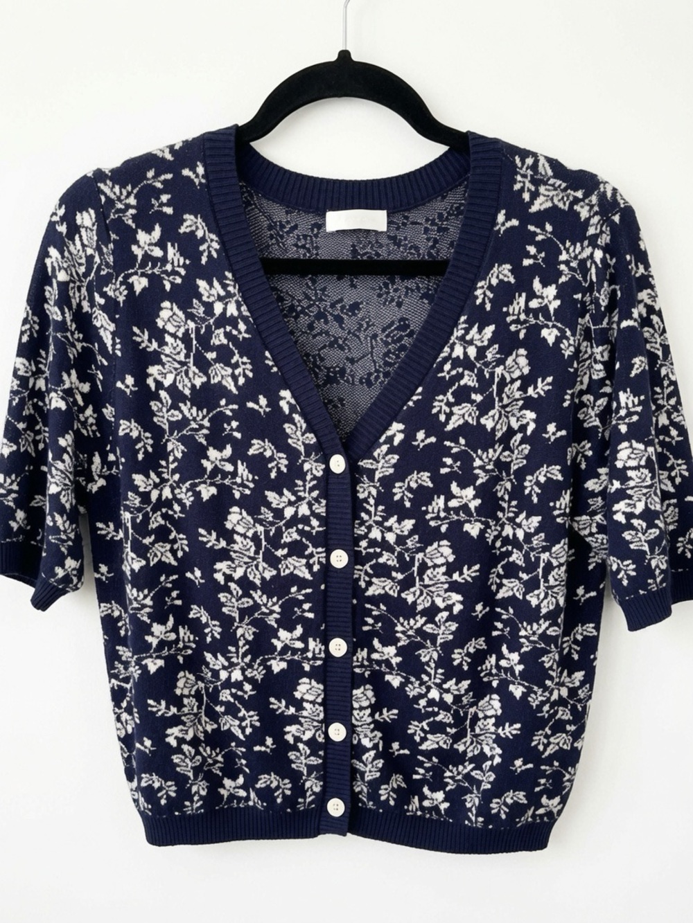 Navy Floral Short-Sleeve Button Cardigan Sweater